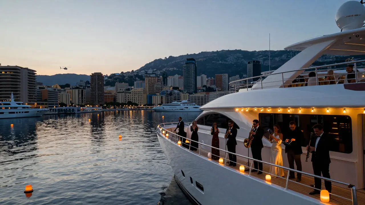 A luxurious superyacht at dawn in Monaco’s harbor, guests silhouetted against city lights, jazz music floating on the still night air.