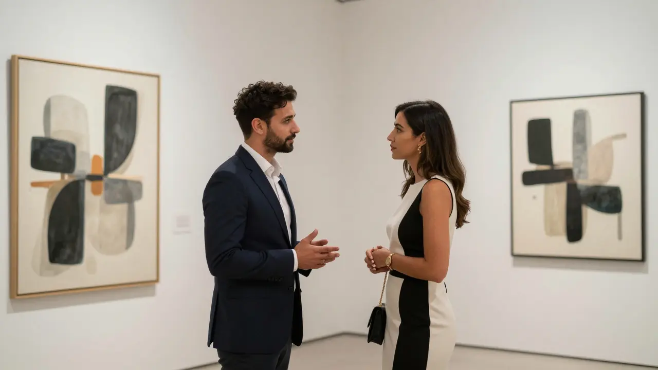 A man and woman in elegant attire conversing calmly at an art gallery opening in Dubai, surrounded by modern artworks.