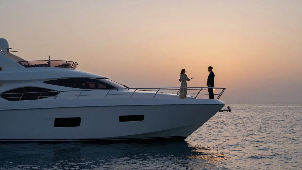 A man and woman on a luxury yacht at dusk, silhouetted against the horizon over calm waters.