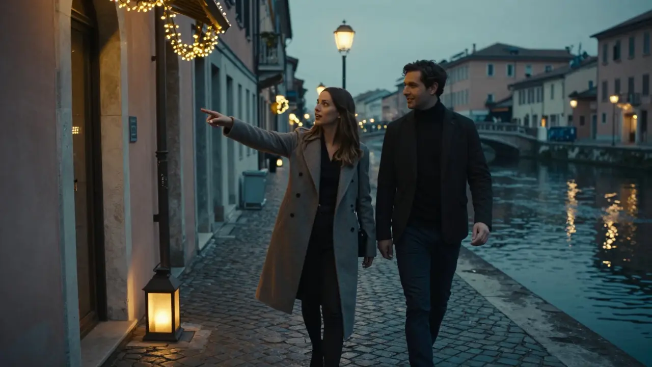 A man and woman walking along Navigli canal at twilight, pointing to a hidden jazz club.