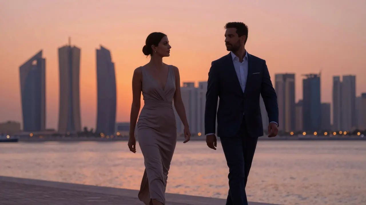 A man and woman walking calmly along the Corniche at sunset, silhouetted against the city skyline.