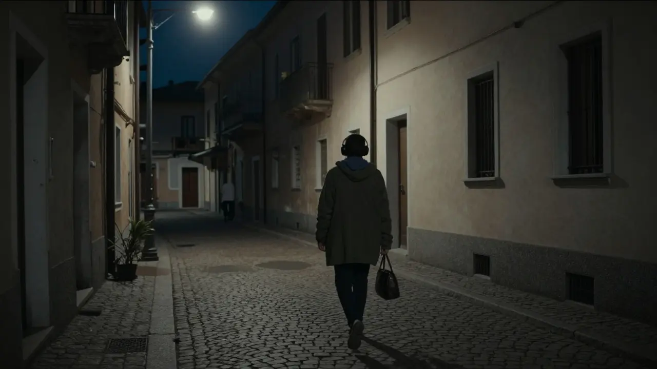 A person walking alone at night in Milan&#039;s Navigli district, under a streetlamp, no one else in view.