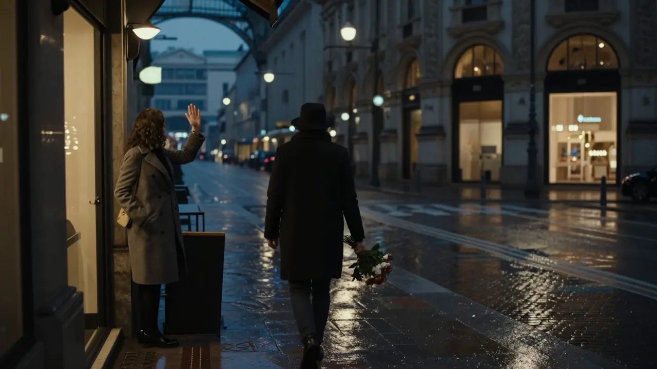 A person walking away from a Milan café at night, waving goodbye to a companion in the distance.
