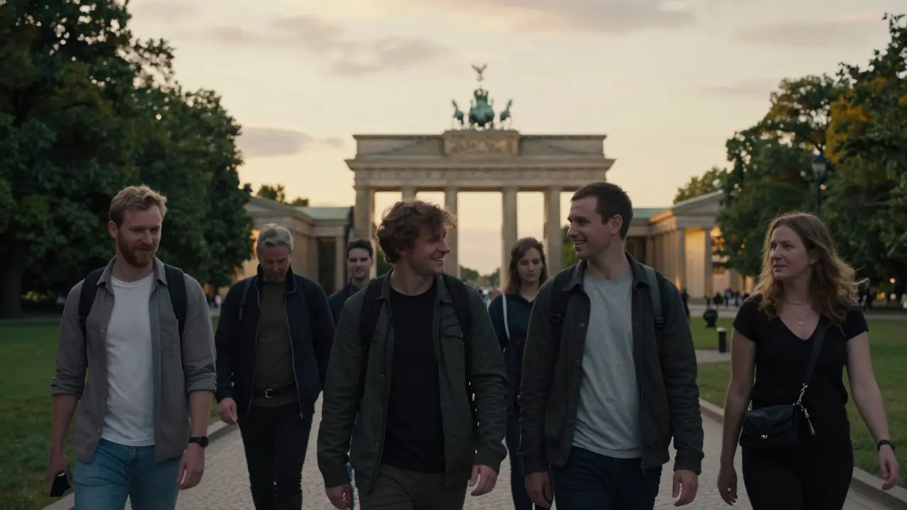 A person walking peacefully through Tiergarten park with a companion at sunset, embodying genuine companionship.