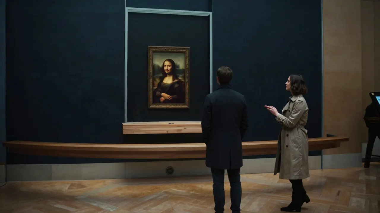 A private moment before the Mona Lisa in the empty Louvre gallery at night.