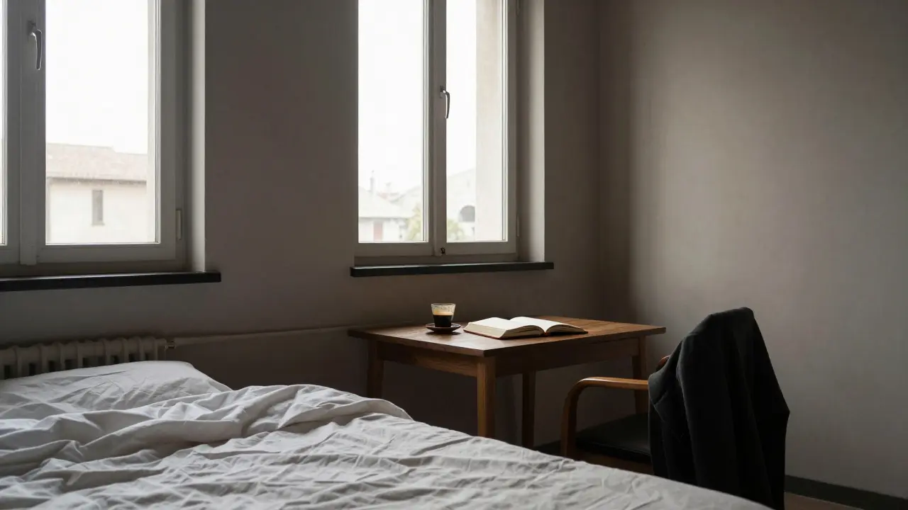 A private Navigli apartment interior with an open notebook and espresso cup, empty but lived-in.