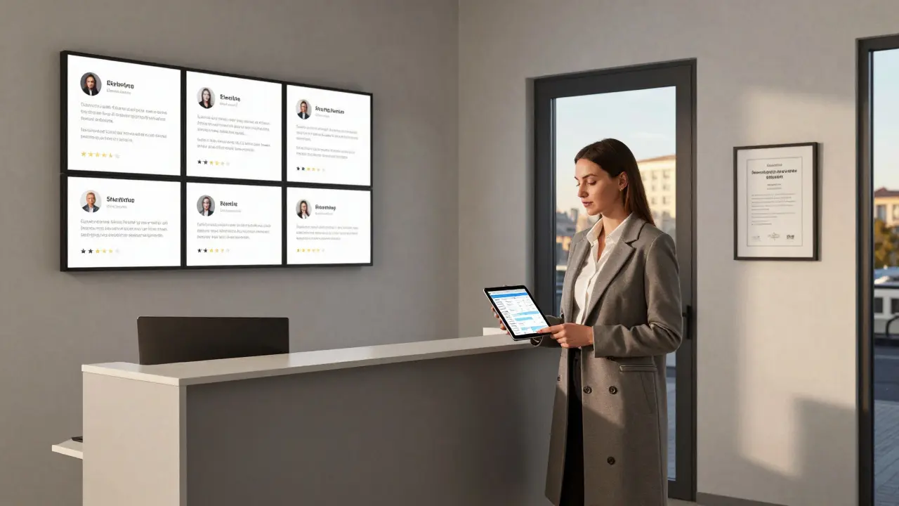 A professional escort agency office with verified reviews and health compliance displayed.