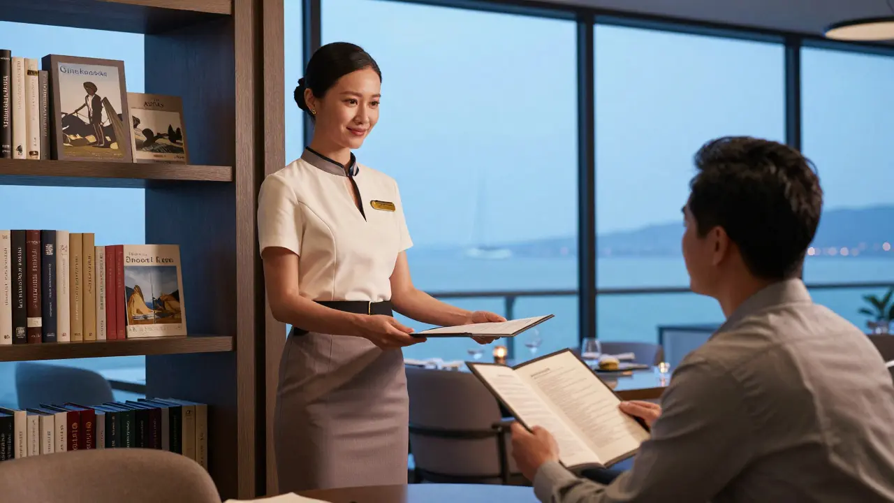 A professional escort offering a restaurant menu in a modern Marina lounge.