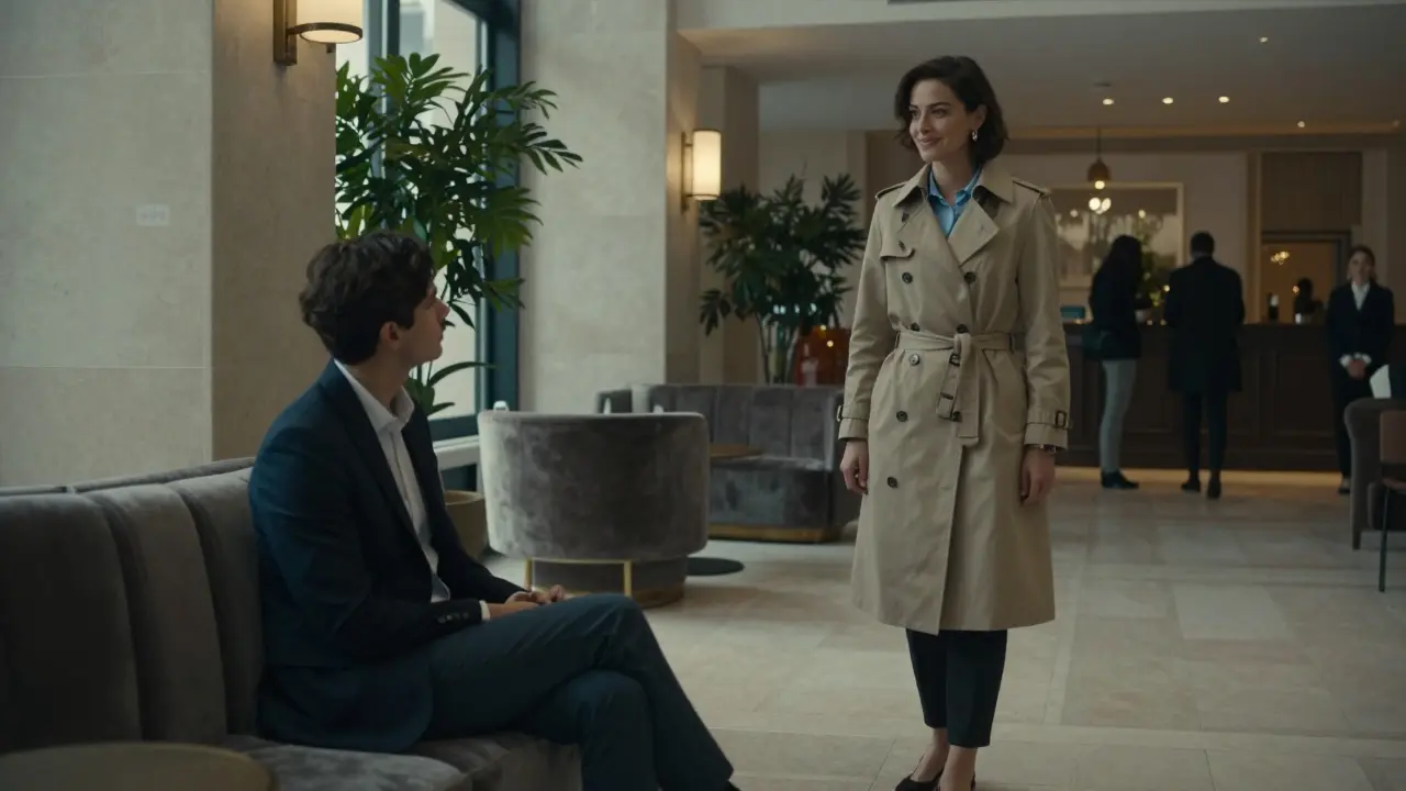 A professional meeting in a hotel lobby, person and escort engaging respectfully.