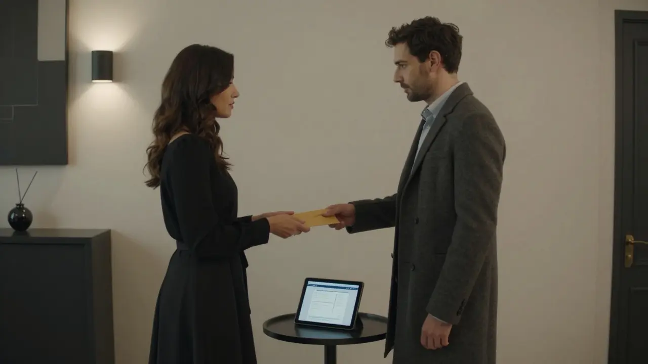 A professional meeting in a Paris apartment lobby, exchanging payment discreetly with a booking confirmation visible.