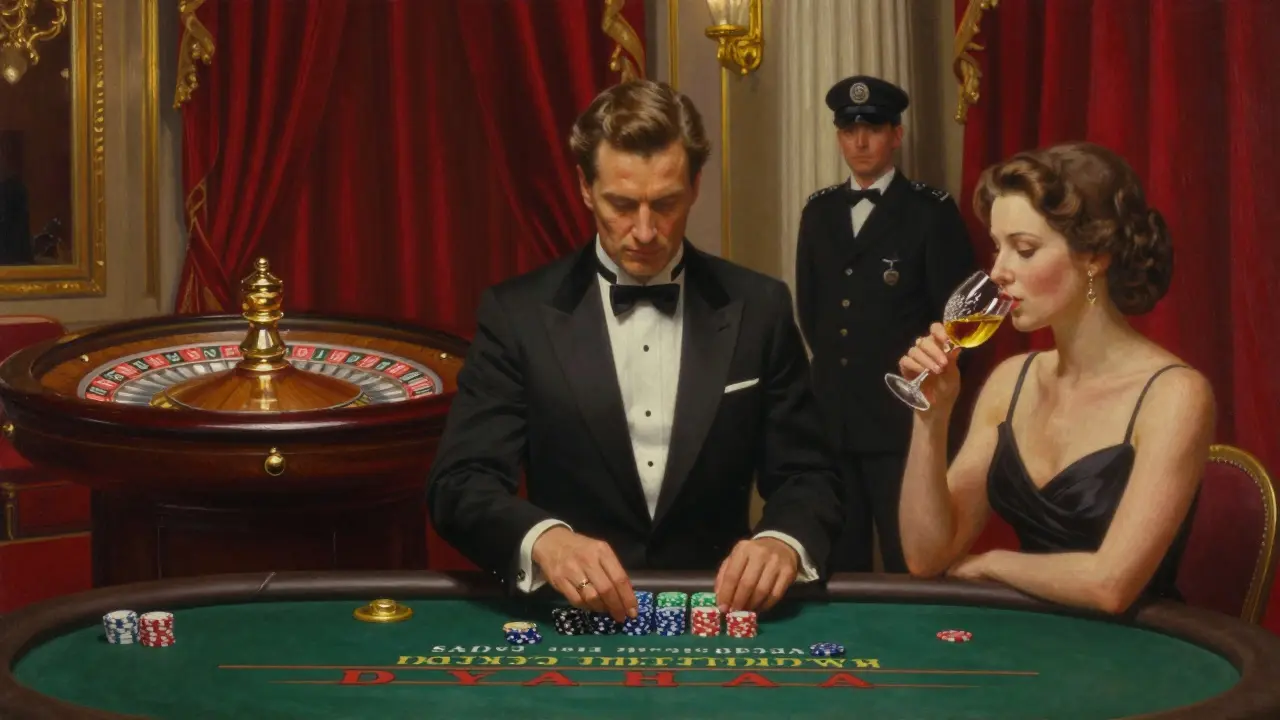 A quiet VIP room in Casino de Monte-Carlo where a man places chips on a baccarat table, wine in hand, under gilded moldings and crimson drapes.