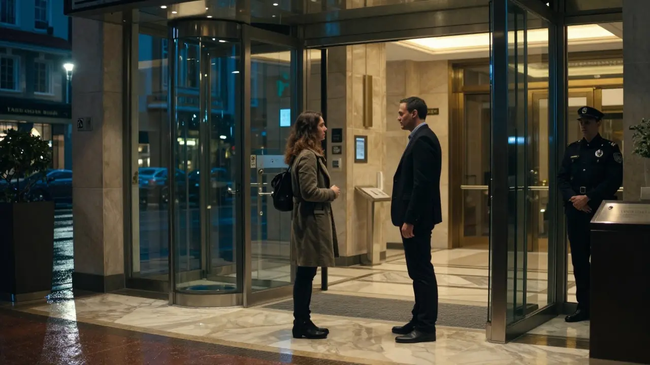A respectful meeting in a secure Berlin hotel lobby at night.