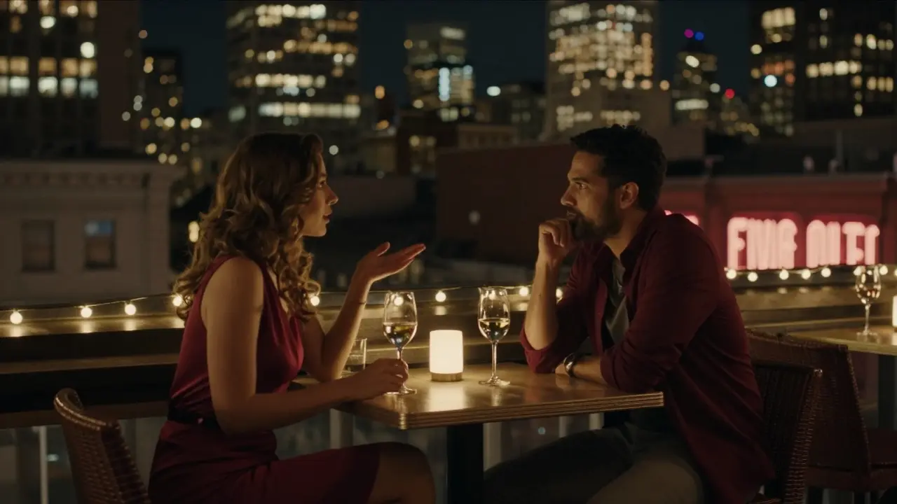 A romantic rooftop dinner in Soho with city lights twinkling in the background.