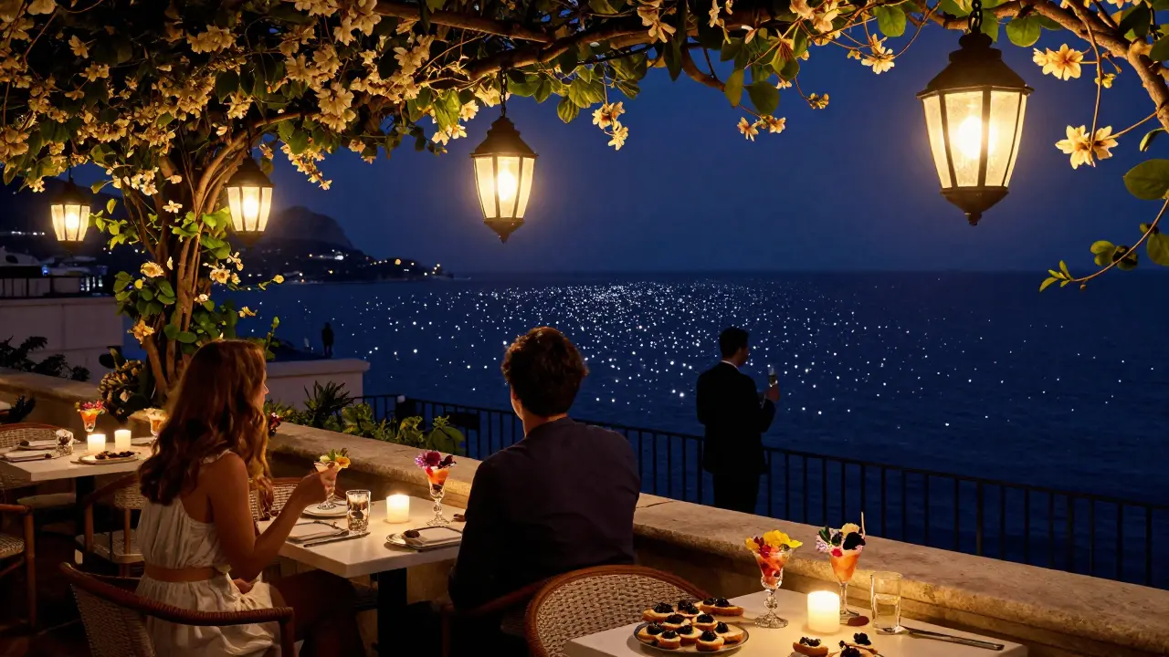 A romantic rooftop garden at night with lanterns, jasmine vines, and the glittering Monaco coastline in the distance.