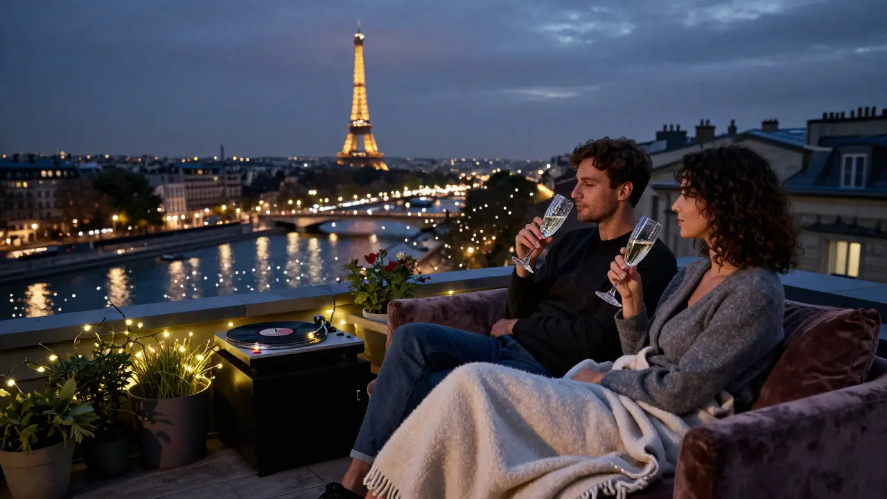 A rooftop terrace in Paris at night with city lights and a couple sharing champagne.