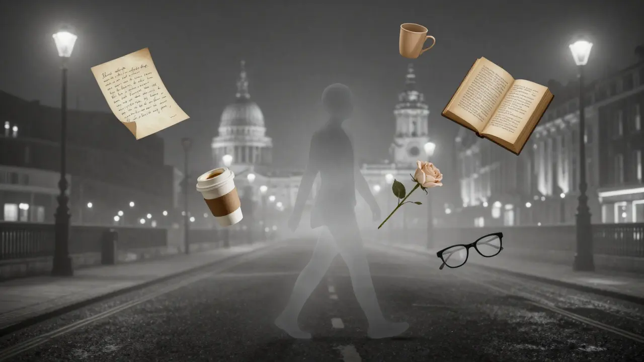 A silent figure walking through foggy London, surrounded by symbols of human connection.
