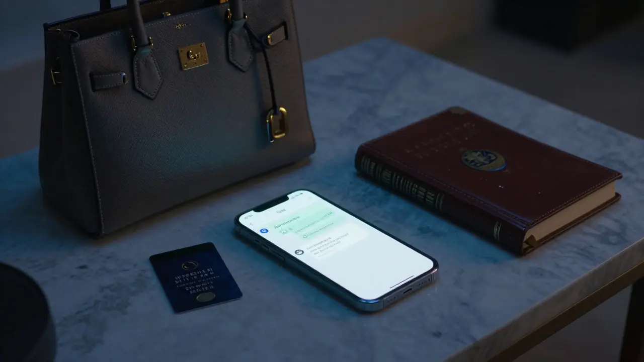A smartphone on marble showing an encrypted message, beside a handbag and art book in a private villa.