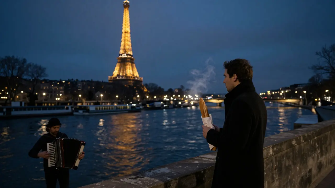 A solitary figure eats bread on a Seine bridge at night, the Eiffel Tower sparkling in the distance.