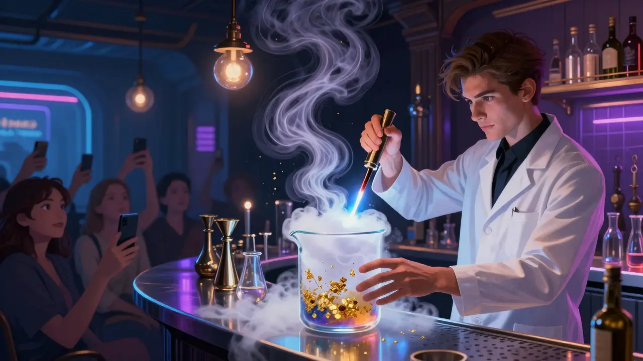 A theatrical cocktail lab where a bartender ignites a glowing beaker filled with dry ice and edible gold.