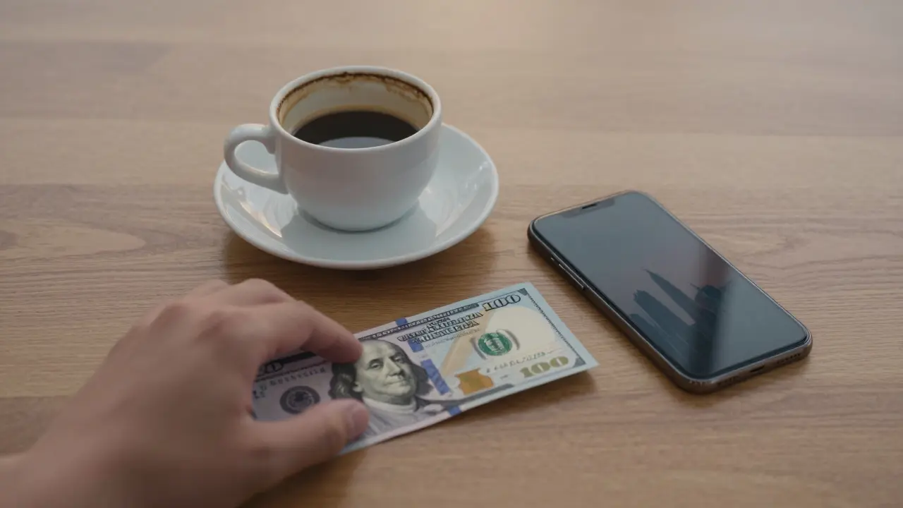 A tip left on a table beside a coffee cup and turned-off phone, symbolizing discretion and respect.