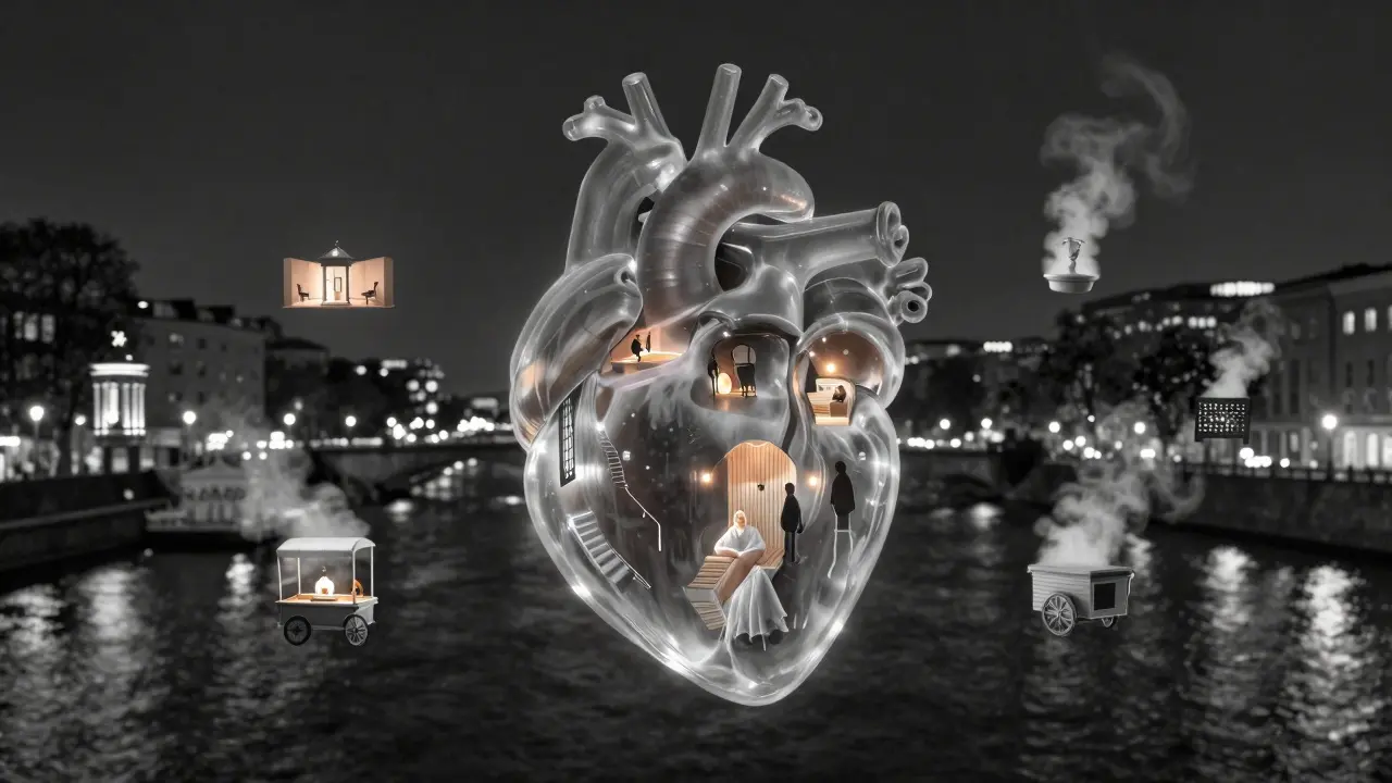 A transparent heart floats above the Spree River, containing glowing memories of shared Berlin moments.