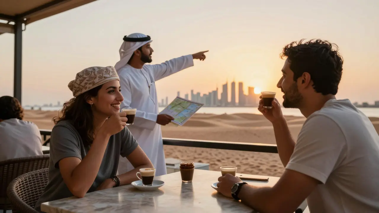 A traveler enjoying Arabic coffee at a sunset café on Abu Dhabi&#039;s Corniche with a local guide.