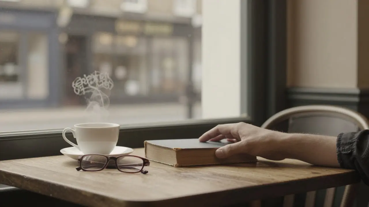 A vintage book and teacup on a wooden table in Camden Passage, suggesting a quiet moment of companionship.