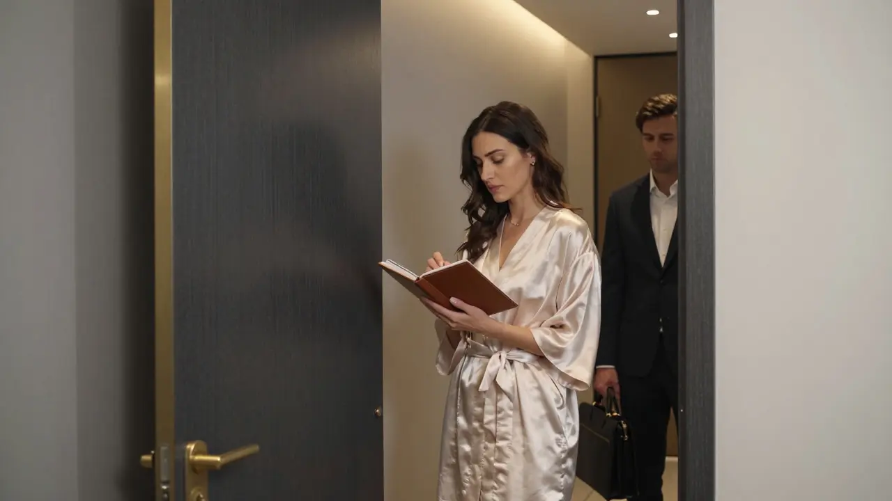 A woman checks a schedule in a sleek Mayfair apartment while a man in a suit waits outside, conveying professionalism and privacy.