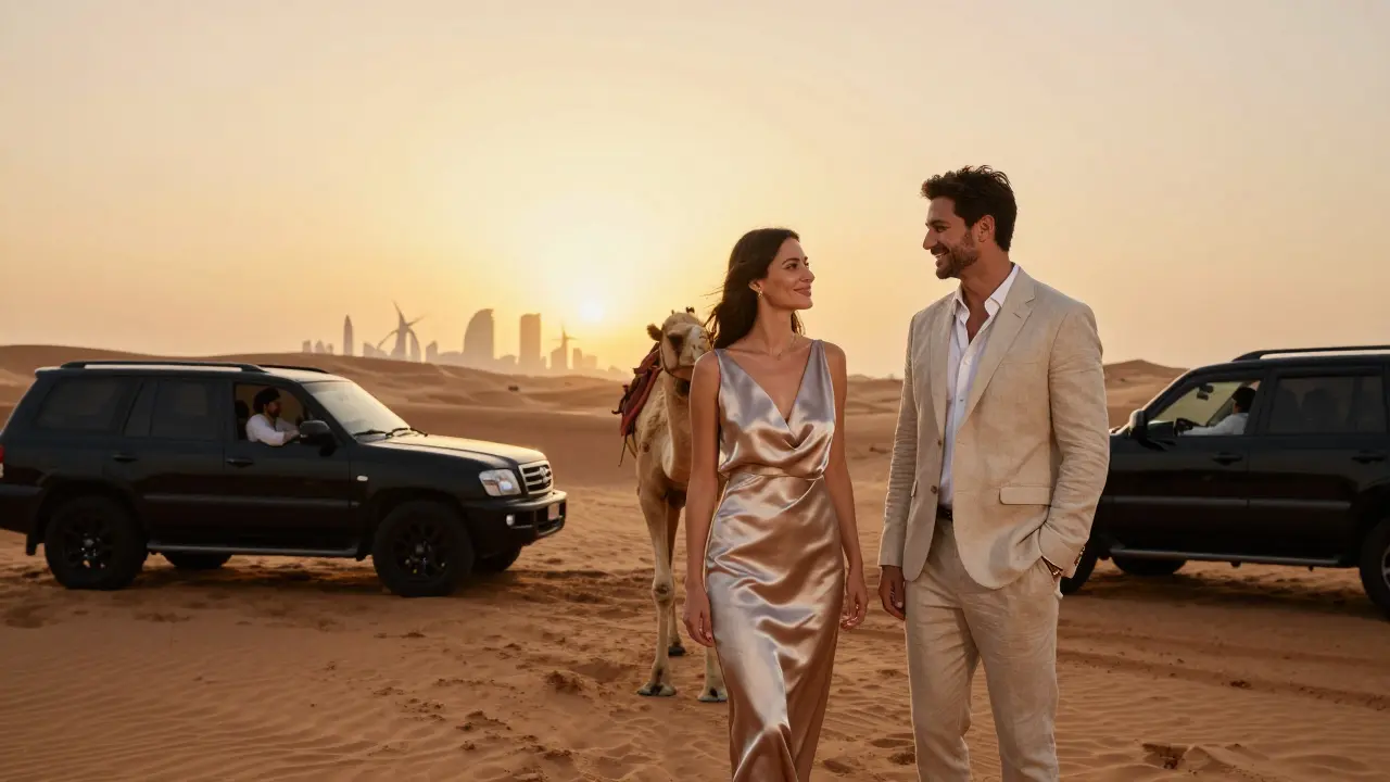 A woman in a silk dress stands calmly beside a camel in the desert at sunset, with a client nearby and a private vehicle waiting.