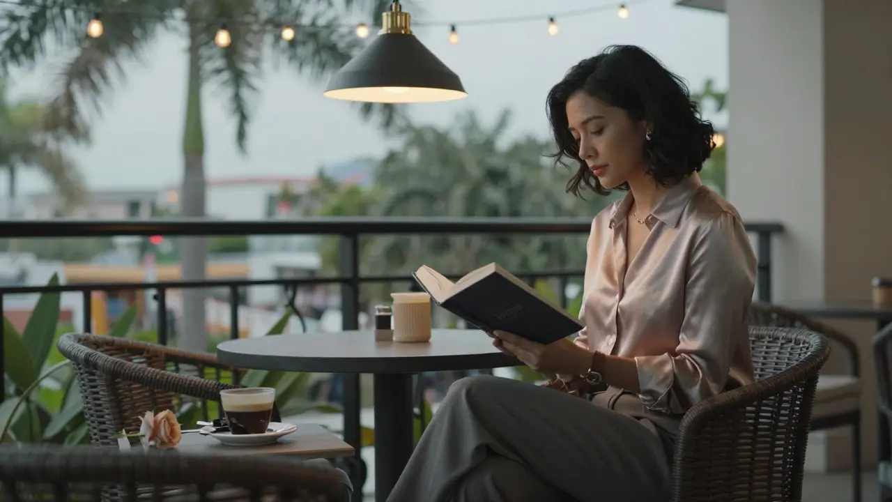 A woman reads quietly on a terrace with a single rose and coffee, ambient light casting a serene mood.