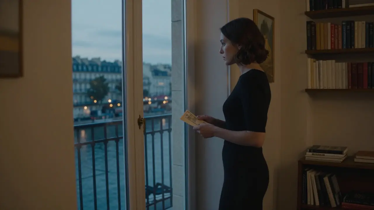 A woman stands by a window in a refined Paris apartment, holding cash as twilight falls.