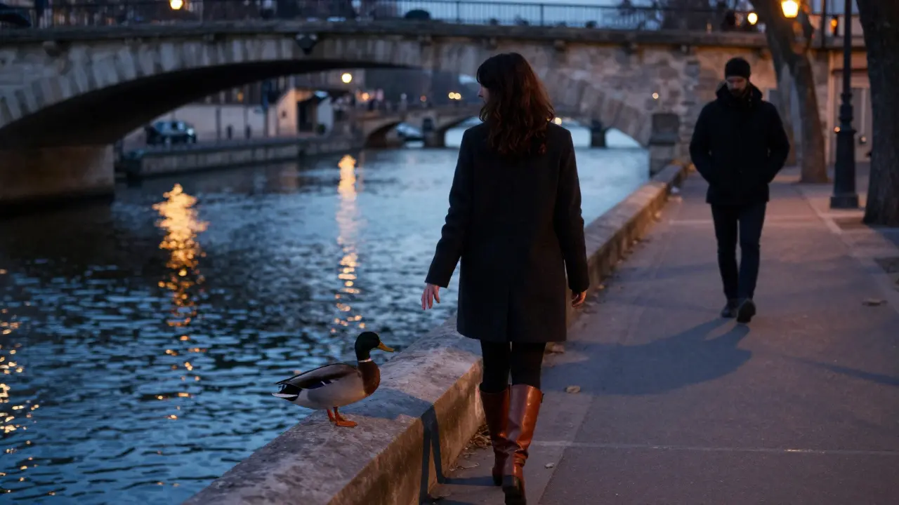 A woman walks slowly by the Canal Saint-Martin at dusk, lost in thought, framed by soft twilight light.