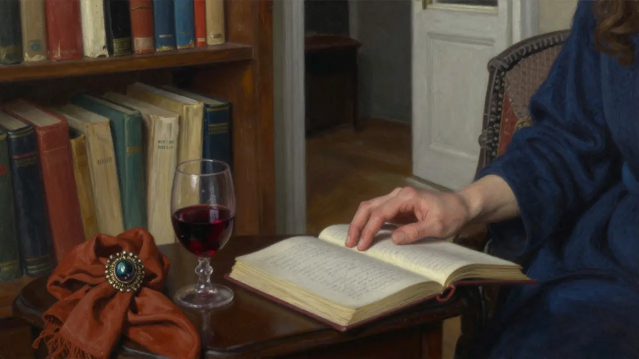 A worn journal and a glass of wine rest beside a vintage brooch on a chair, suggesting deep personal reflection.