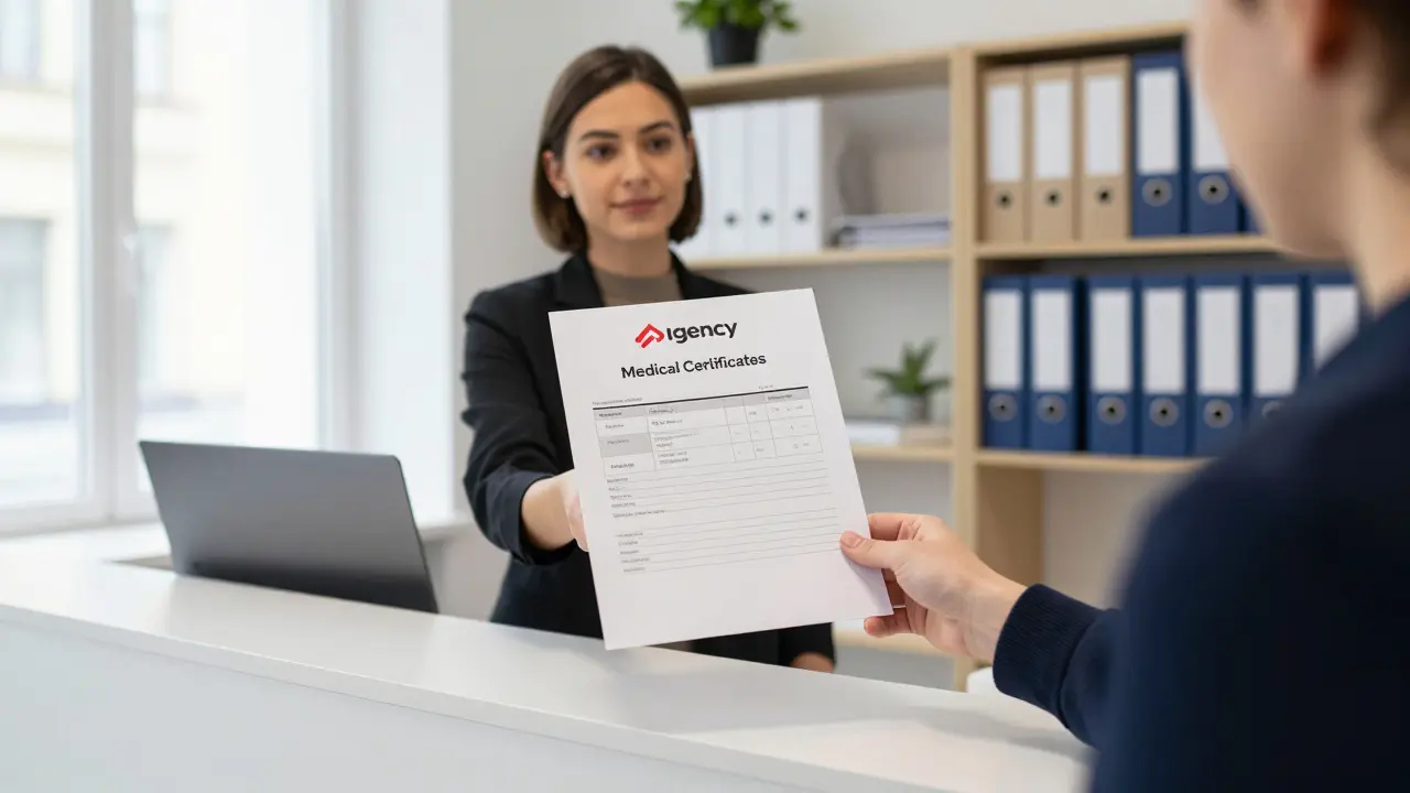 Agency receptionist providing a client with a confirmed booking document in a clean office.