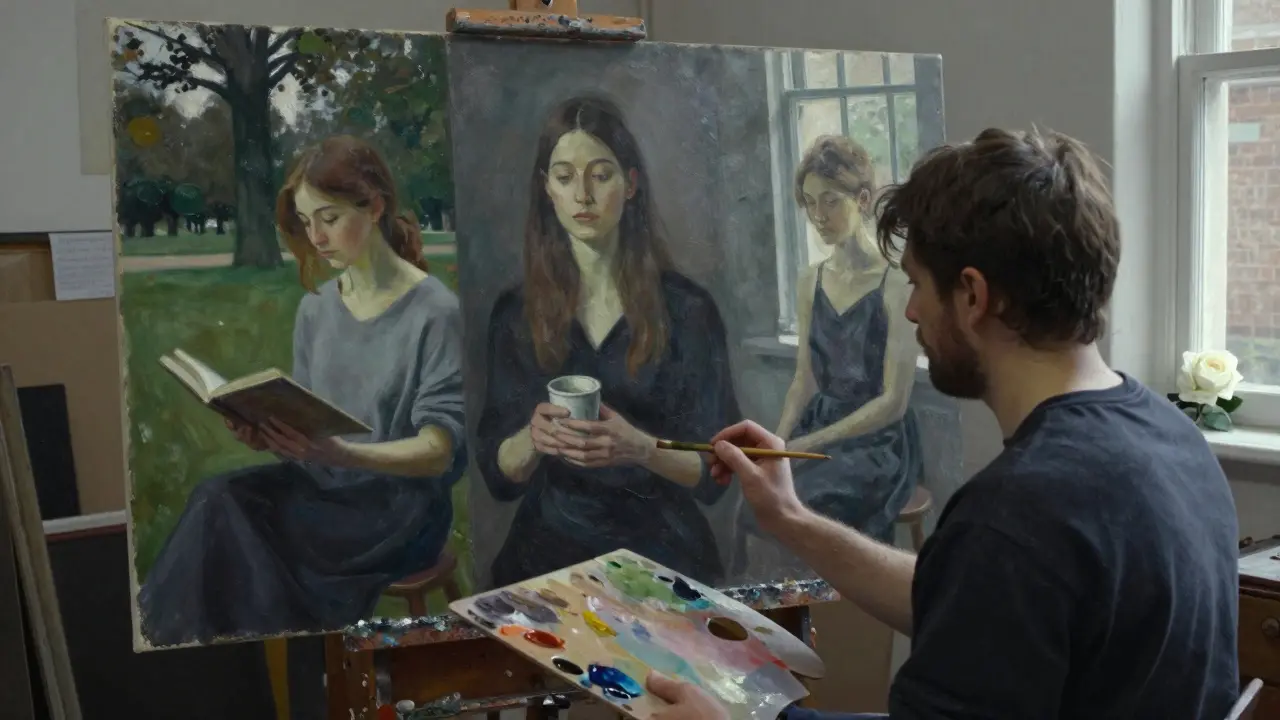 An artist painting portraits of women in a studio, one holding a coffee cup, a white rose on the sill.