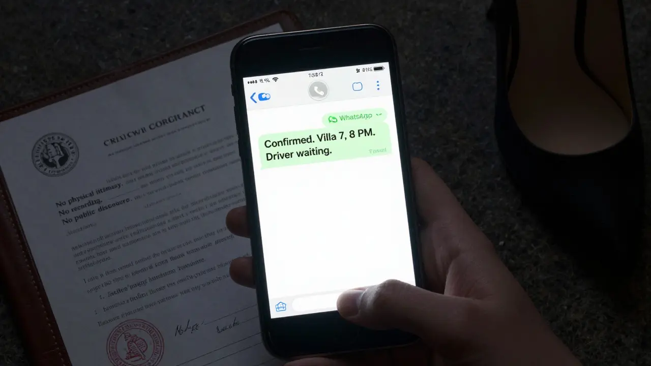 An encrypted phone displays a confirmed meeting message beside a legal contract with confidentiality terms.