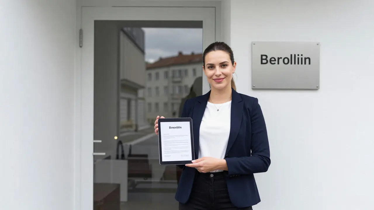 An escort standing confidently by a registered apartment entrance in Berlin, displaying a verification tablet.