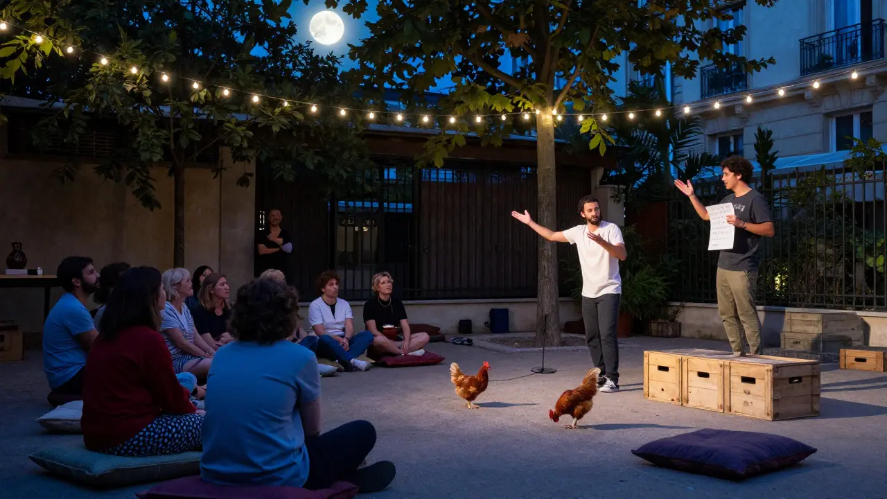 An improvised comedy show in a hidden Paris courtyard with a live chicken and audience on cushions.