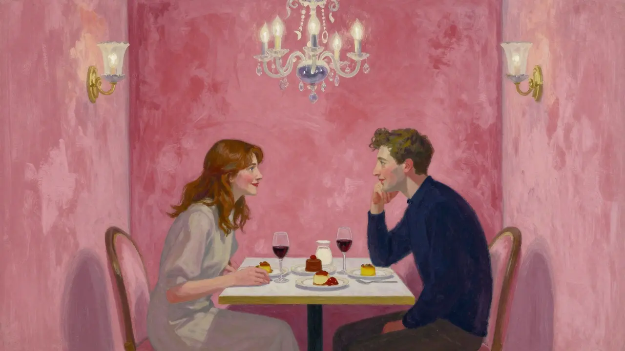 An intimate dinner at Sketch in Mayfair, with pink walls and elegant lighting, two figures sharing quiet conversation.