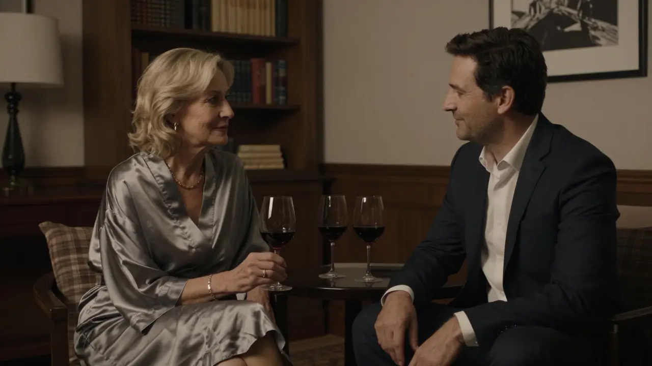 An older woman and businessman having a quiet, respectful conversation in a hotel room.