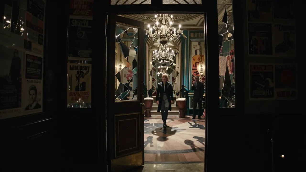 An unmarked door leading to a surreal Art Deco nightclub with broken mirror chandeliers.