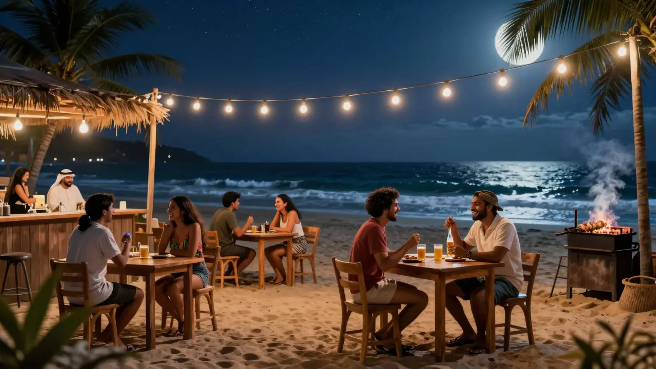 Beachside bar at night with string lights, people in flip-flops, and a sheikh holding a beer.