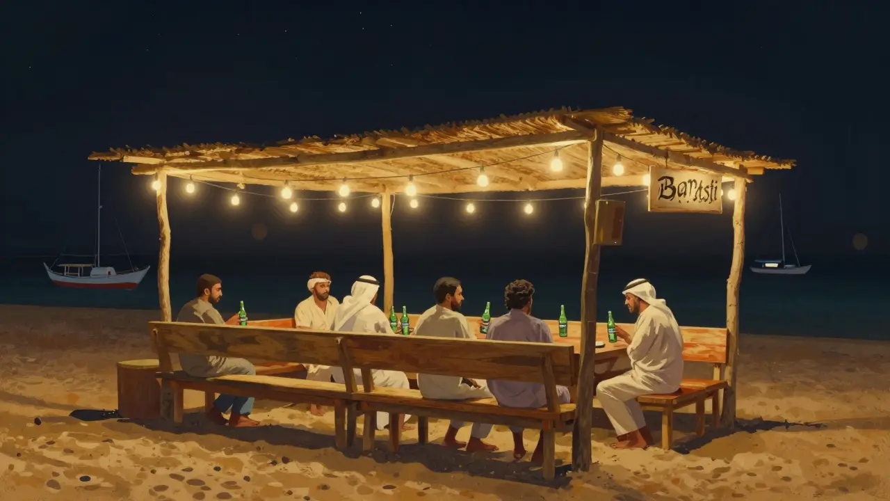 Beachside bar in Al Seef with people drinking beer on sand under stars and traditional boats.
