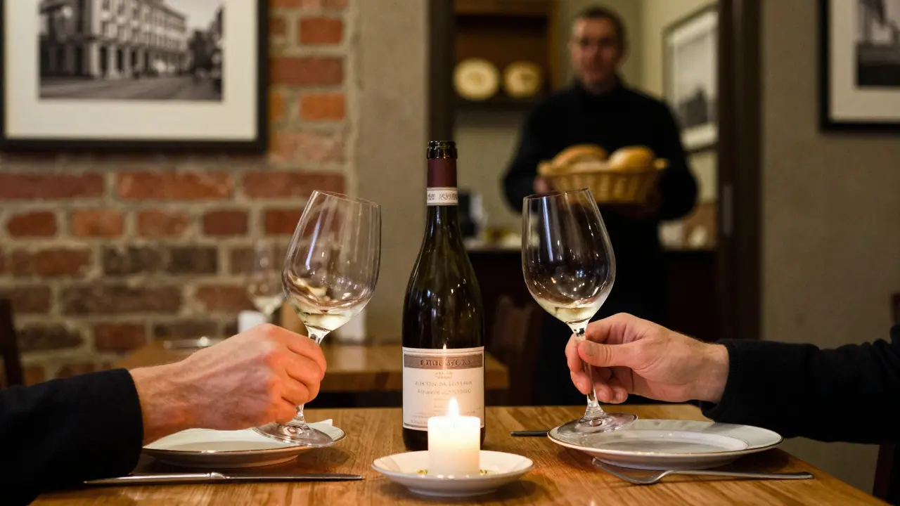 Candlelit dinner at hidden Milan restaurant, two hands reaching for wine, warm light on porcelain and wood.