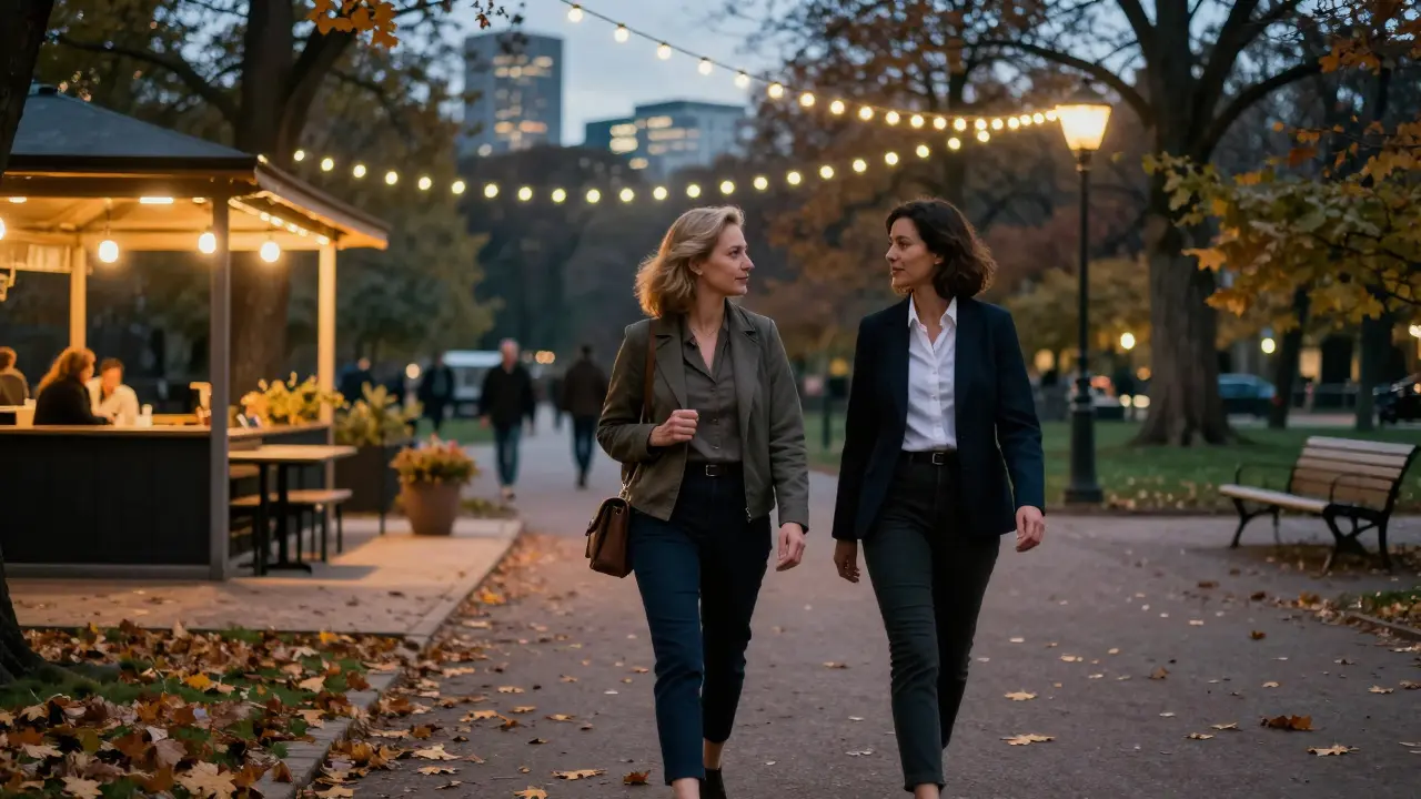 Client and companion walking peacefully together in Tiergarten park at dusk.