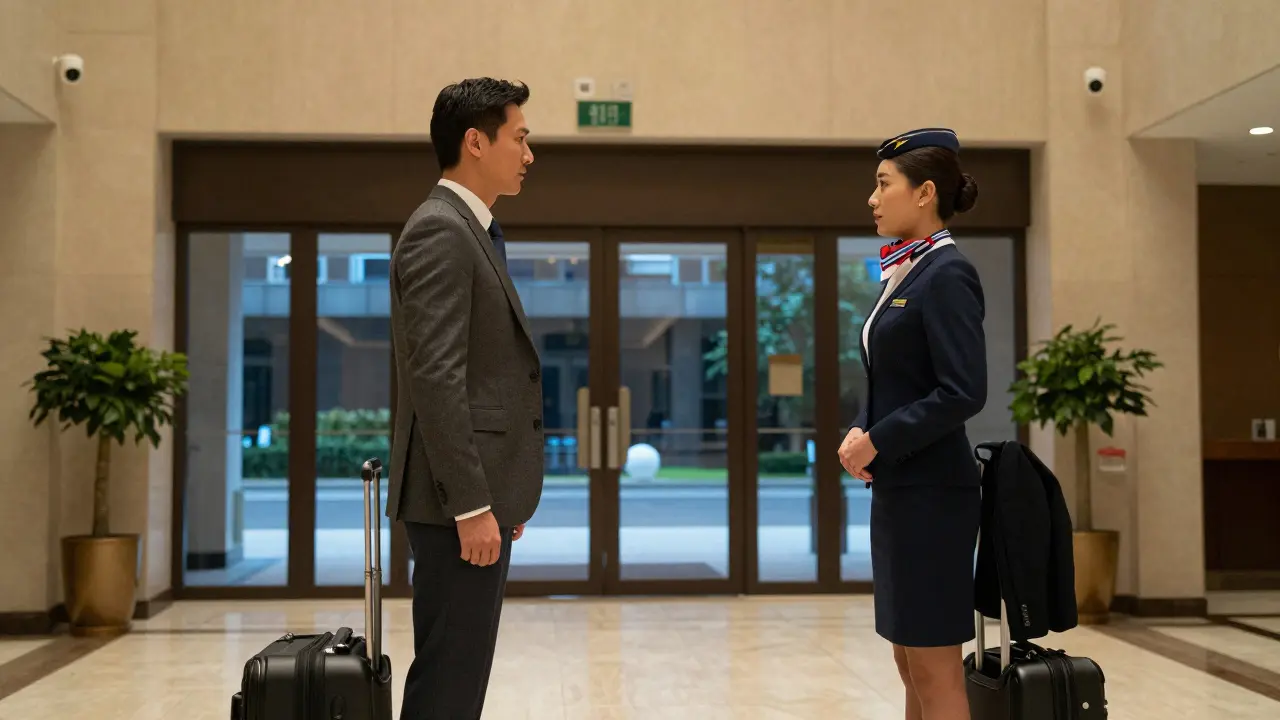 Client and escort meeting for the first time in a hotel lobby, maintaining respectful distance in a public space.