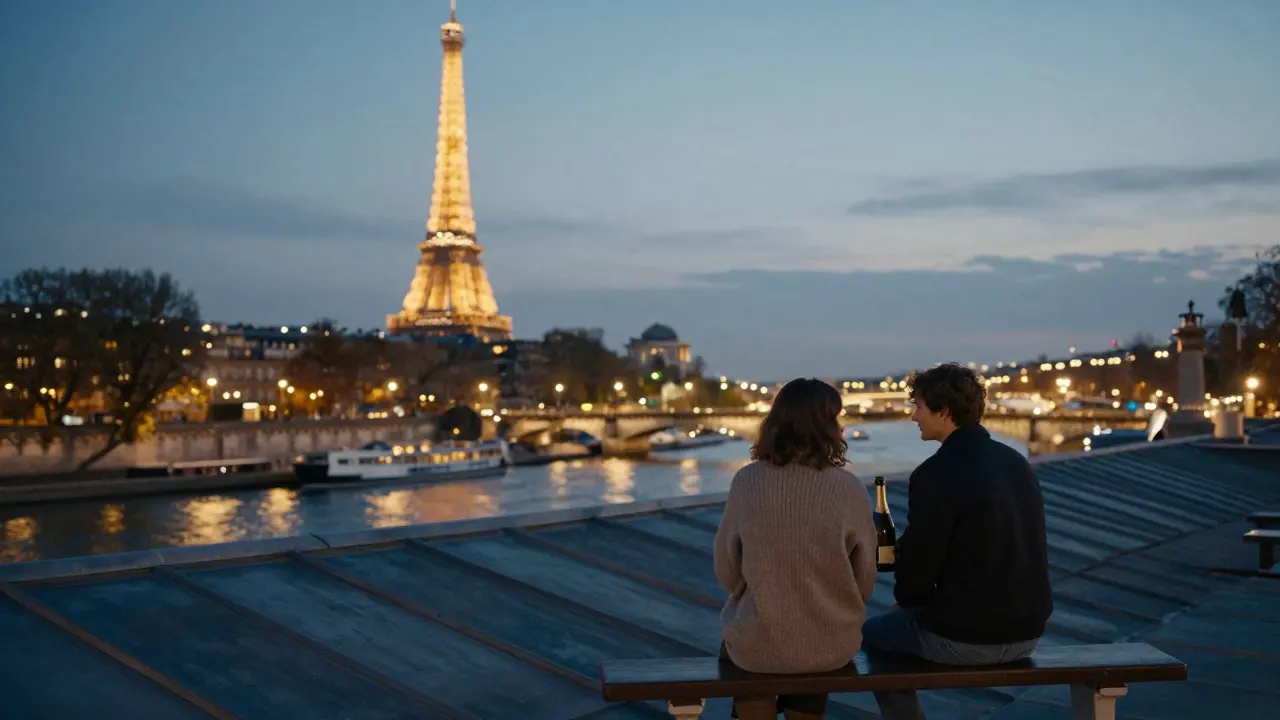 Companions on a rooftop terrace at dusk, Paris lights glowing softly in the background, sharing champagne in silence.