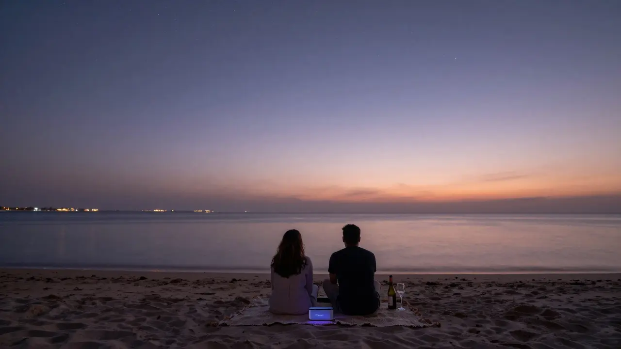 Couple on a quiet beach at twilight, blanket and wine bottle, stars above and calm water reflecting city lights.