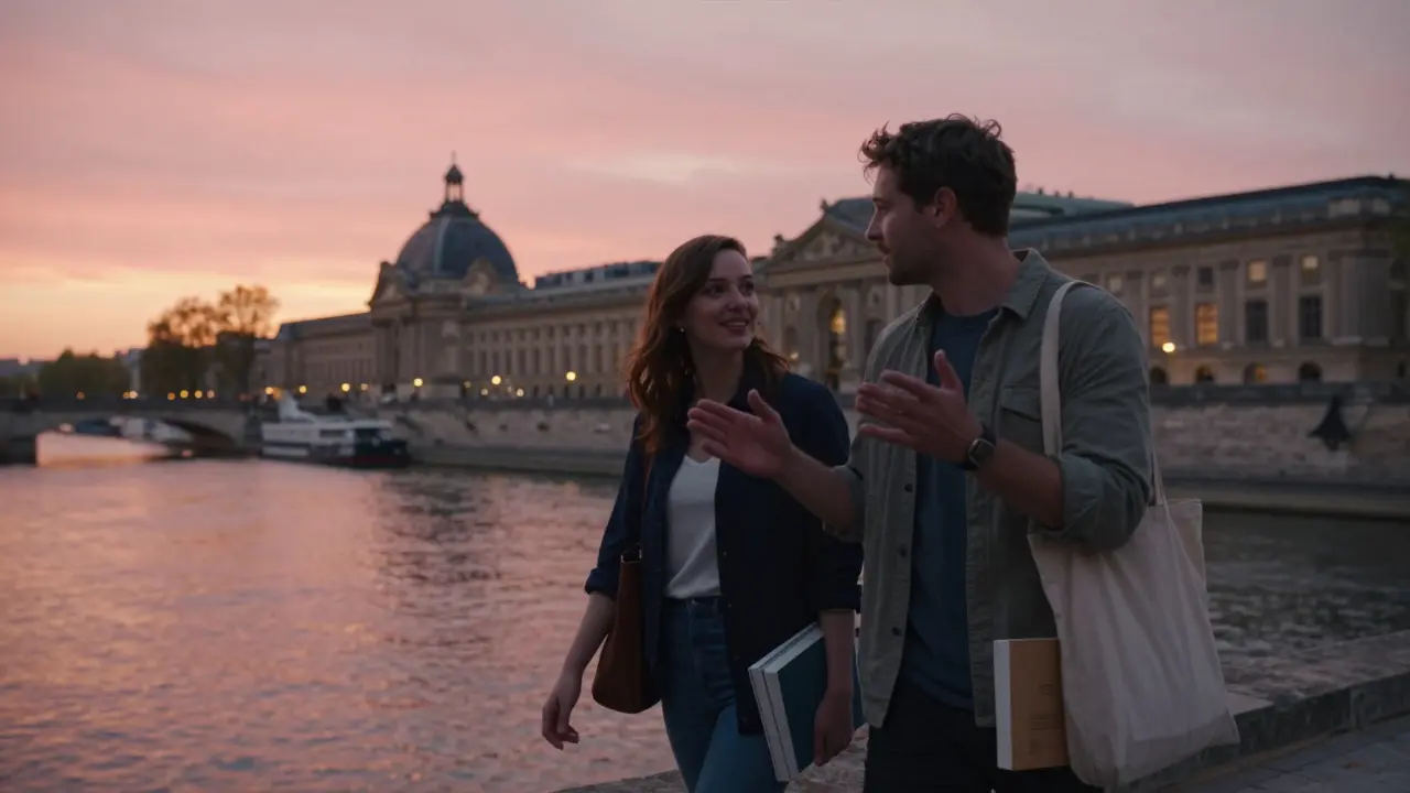 Couple walking along the Seine at sunset, Musée d'Orsay in background, sharing a cultural moment.