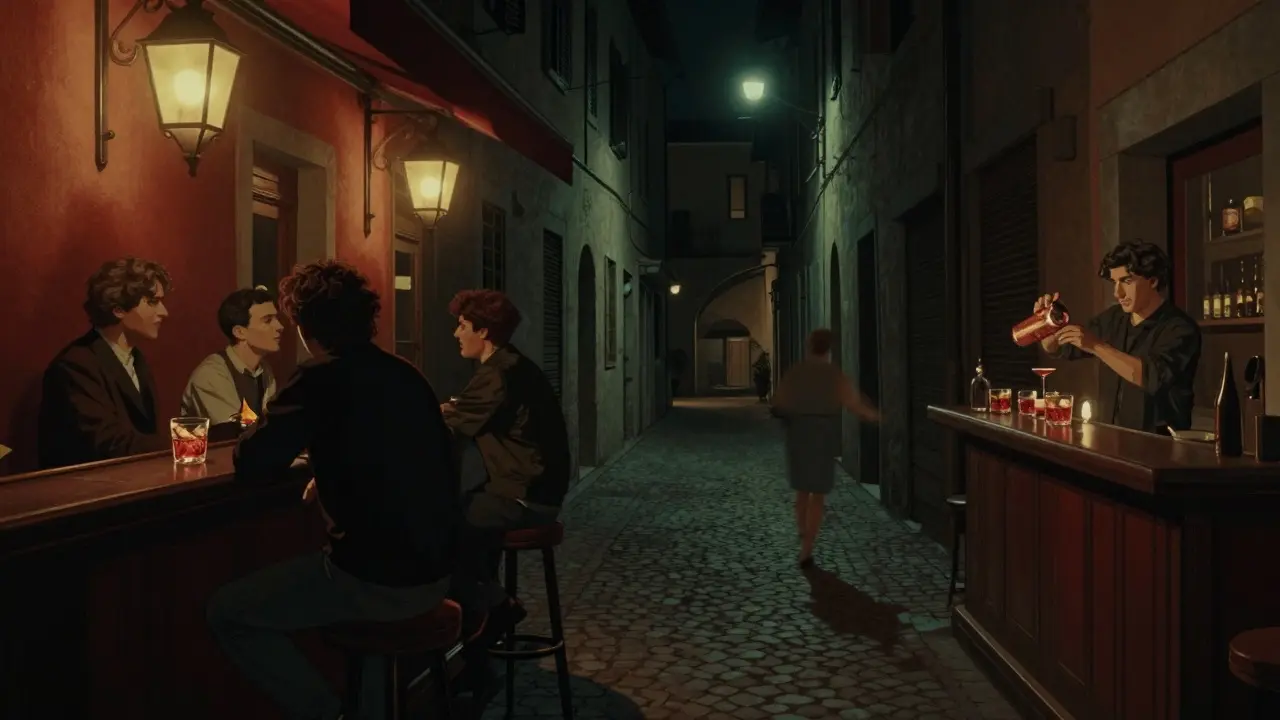 Couples and friends sipping cocktails in a dim Brera alley under vintage lanterns, cobblestones glistening.